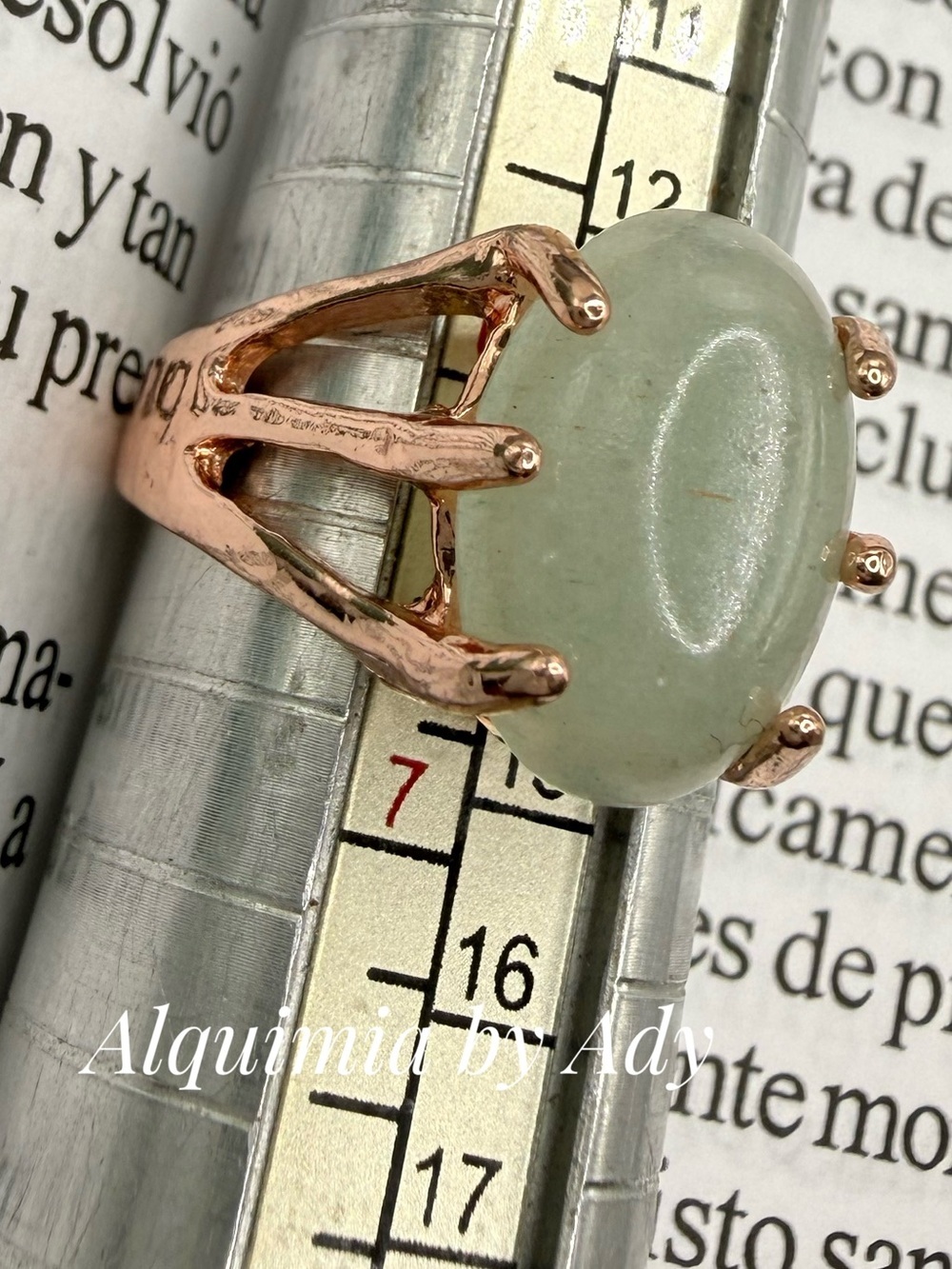 Rose Gold-Plated Ring with Pale Green Jade Cabochon